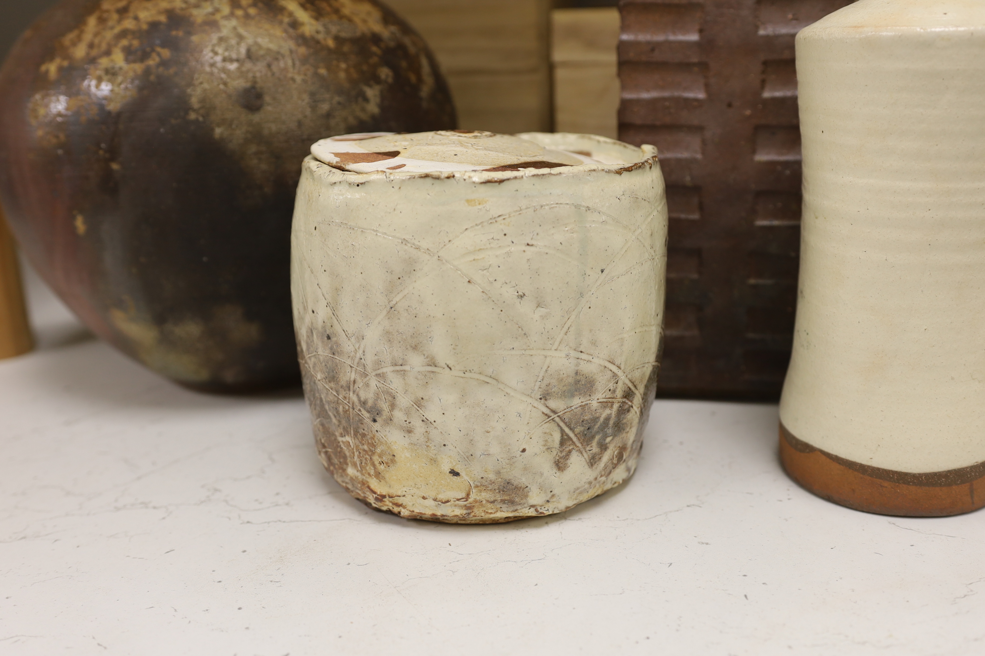 Three Japanese pottery vases and a similar pot and cover, Bizen kilns etc.,two items boxed, largest 25.5cm high
